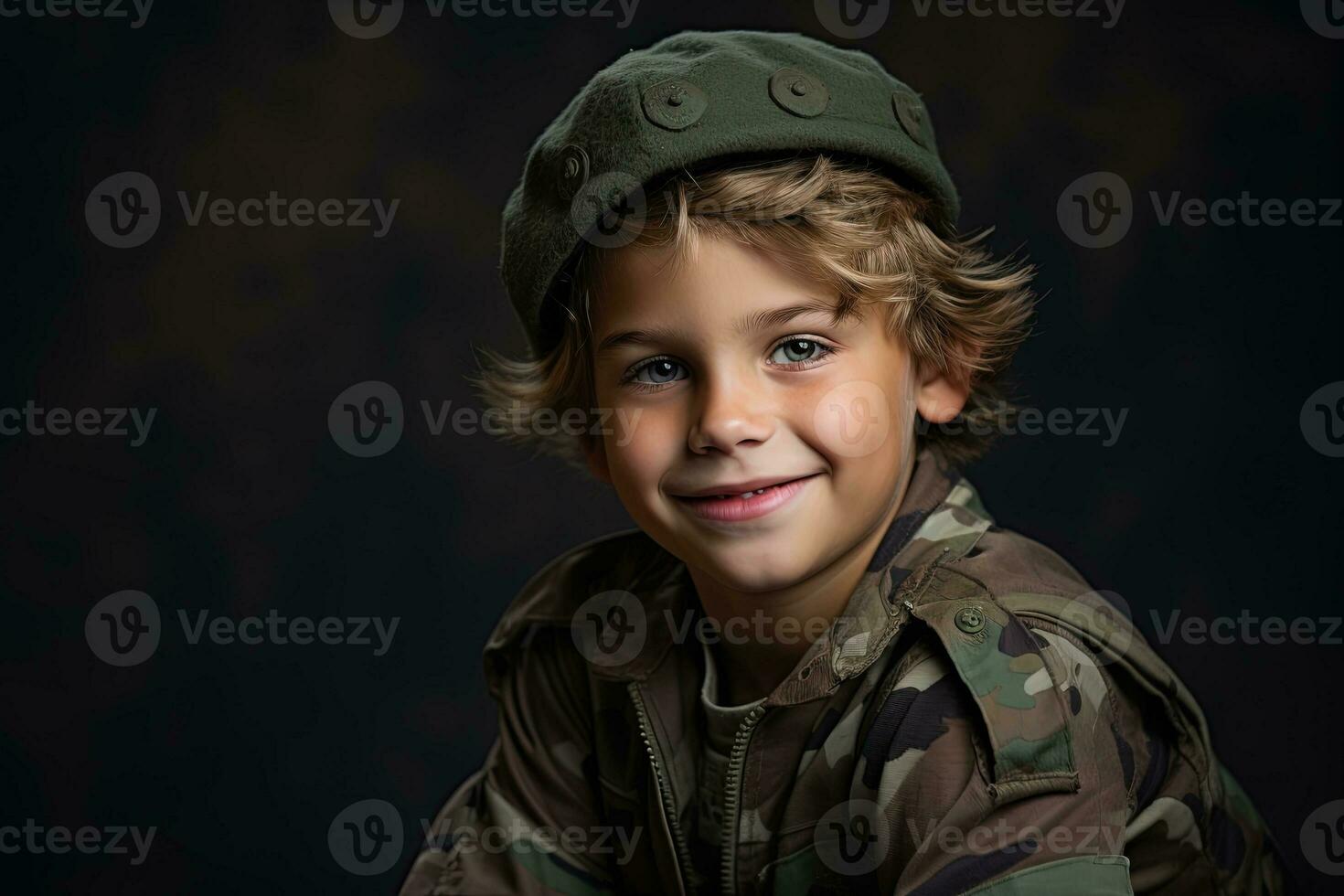 Portrait of a cute little boy in military uniform on dark background AI Generated photo