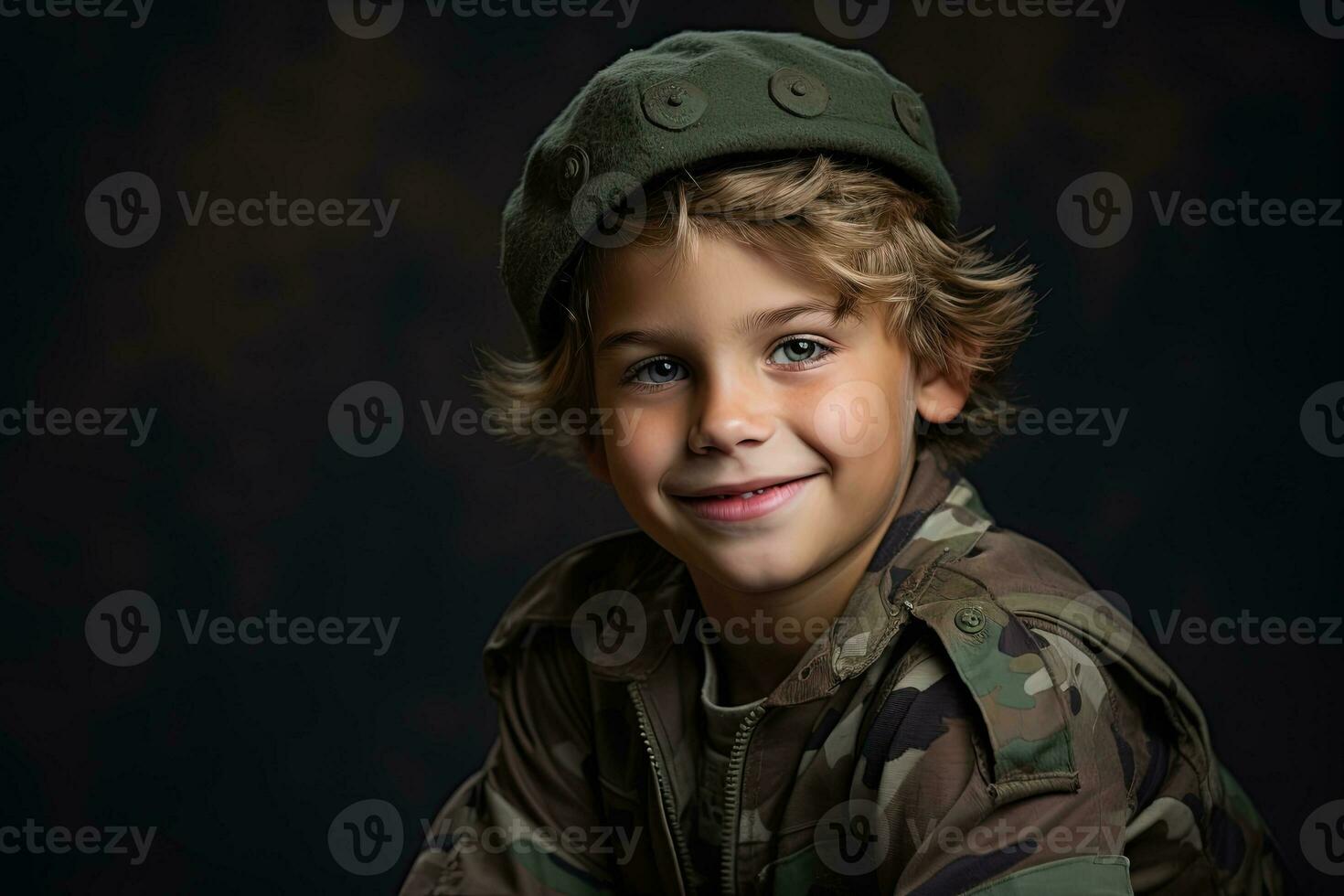 retrato de un linda pequeño chico en militar uniforme en oscuro antecedentes ai generado foto