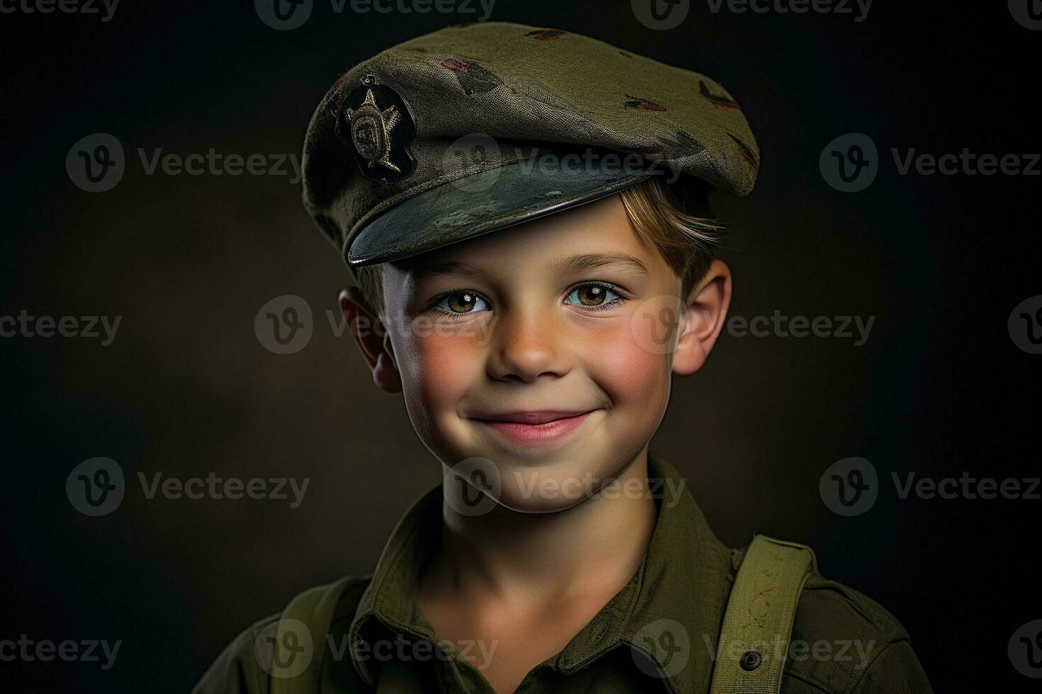 retrato de un linda pequeño chico en militar uniforme en oscuro antecedentes ai generado foto