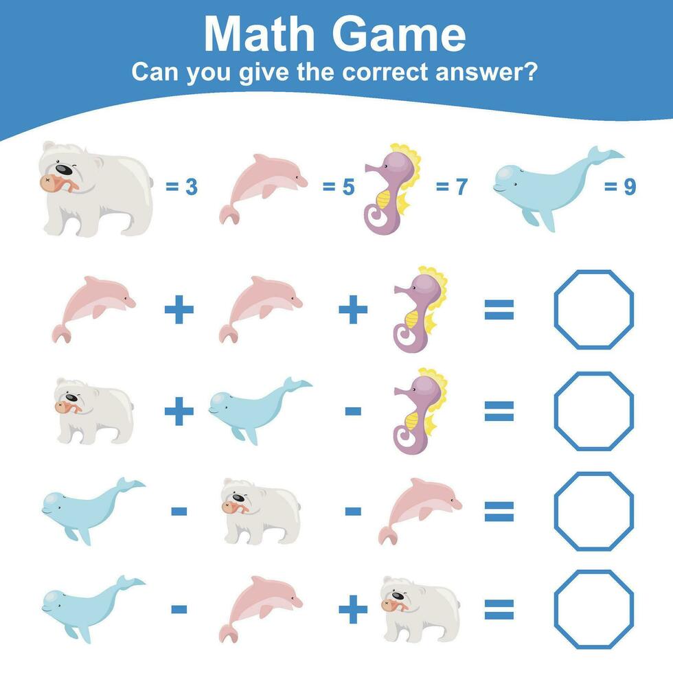 Math game for children. Count and write the answer. Educational printable math worksheet. Vector illustration