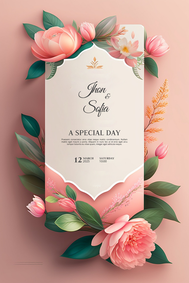 Beautiful modern floral minimalist wedding invitation template psd