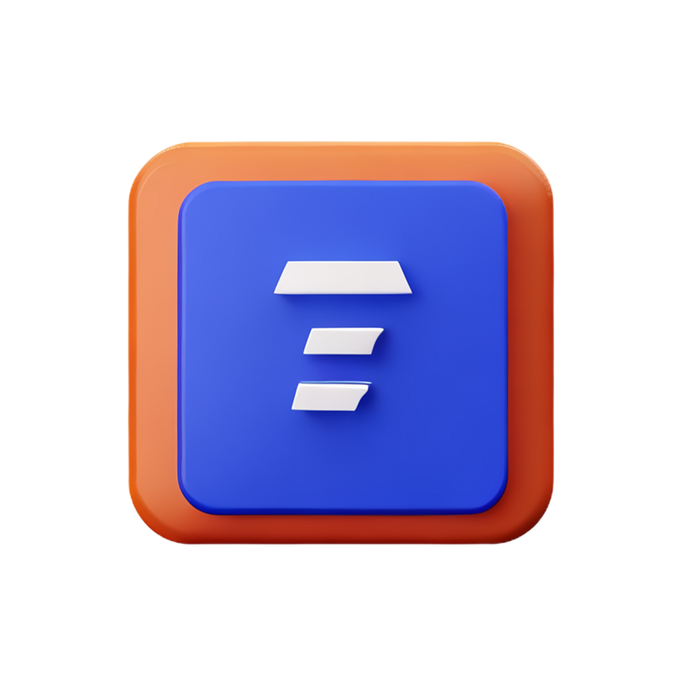 a blue and orange button with the letter e on it png