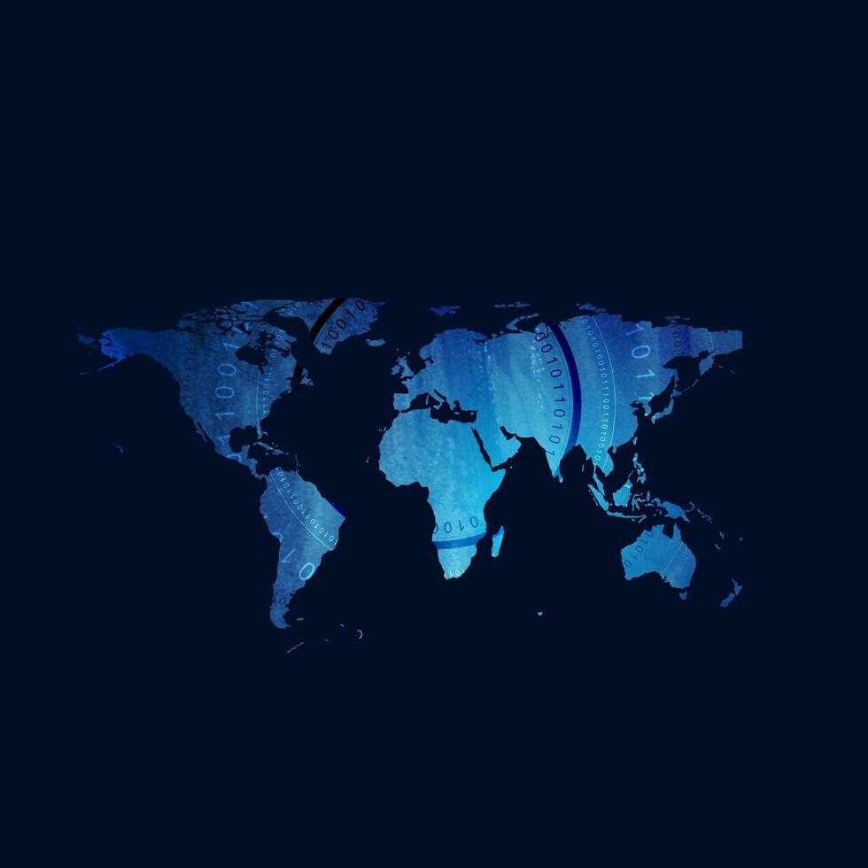 Dark grunge world map with round binary code elements abstract background vector
