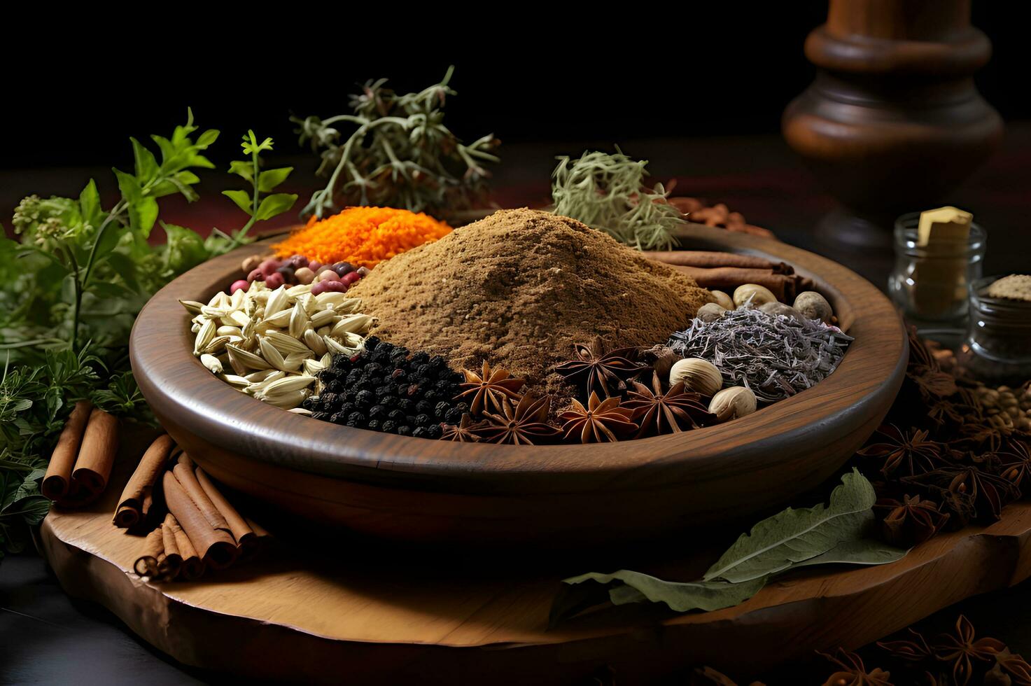 Spices and herbs on top of wooden table photo