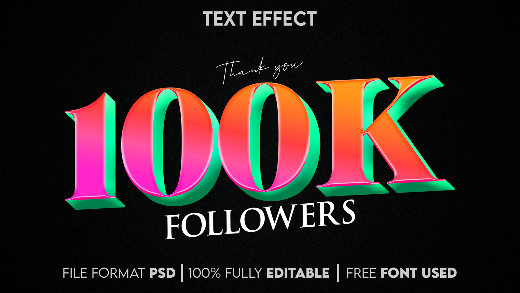 celebrating 100k followers text effect with black background psd