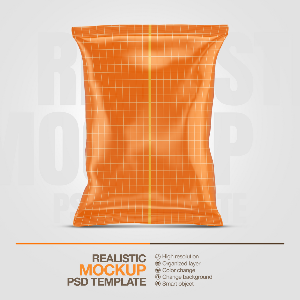 Realistic glossy snack bag mock up template psd