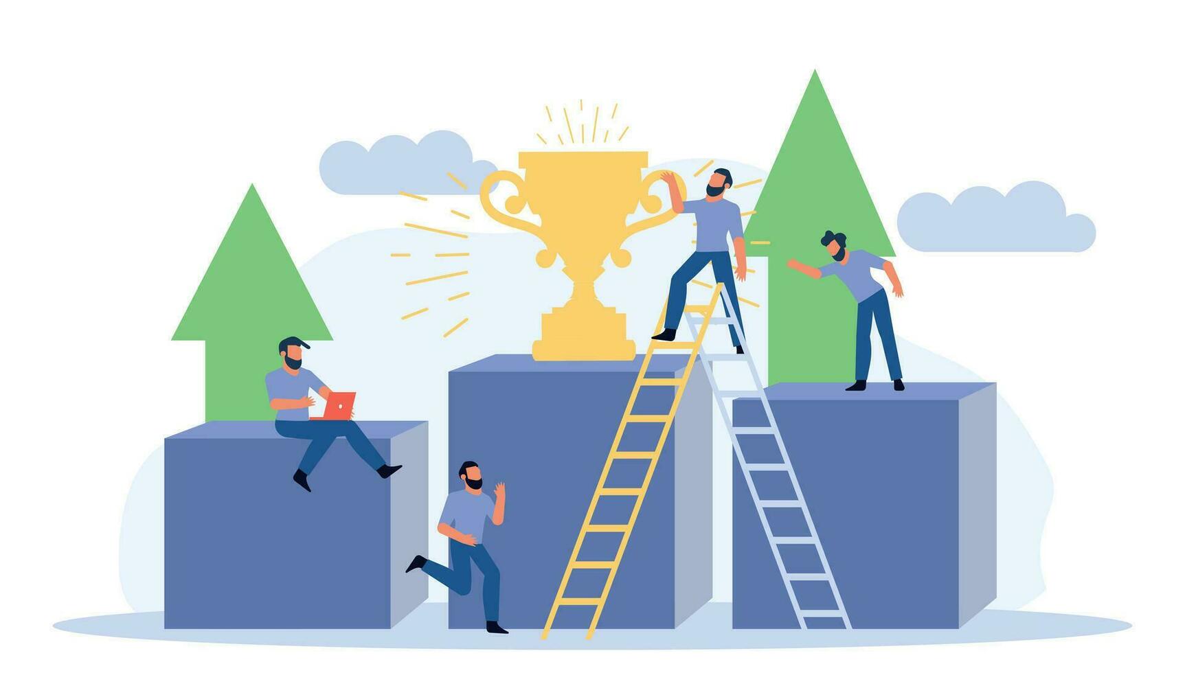 Success competition employee business person 3d illustration concept. Winner achievement vector challenge leadership career. Victory champion with cup award. Strategy target first prize trophy