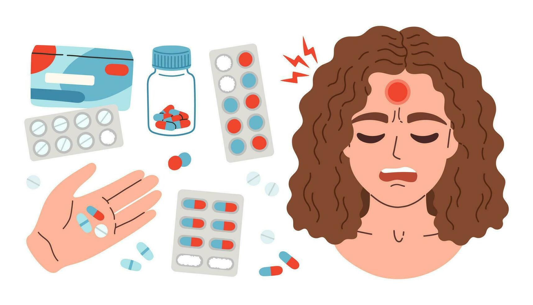 Headache pills set. Woman having a headache. Girl feels anxiety and depression. Psychological health concept. Nervous, apathy, sadness, sorrow, unhappy, desperate, migraine. Flat vector illustration