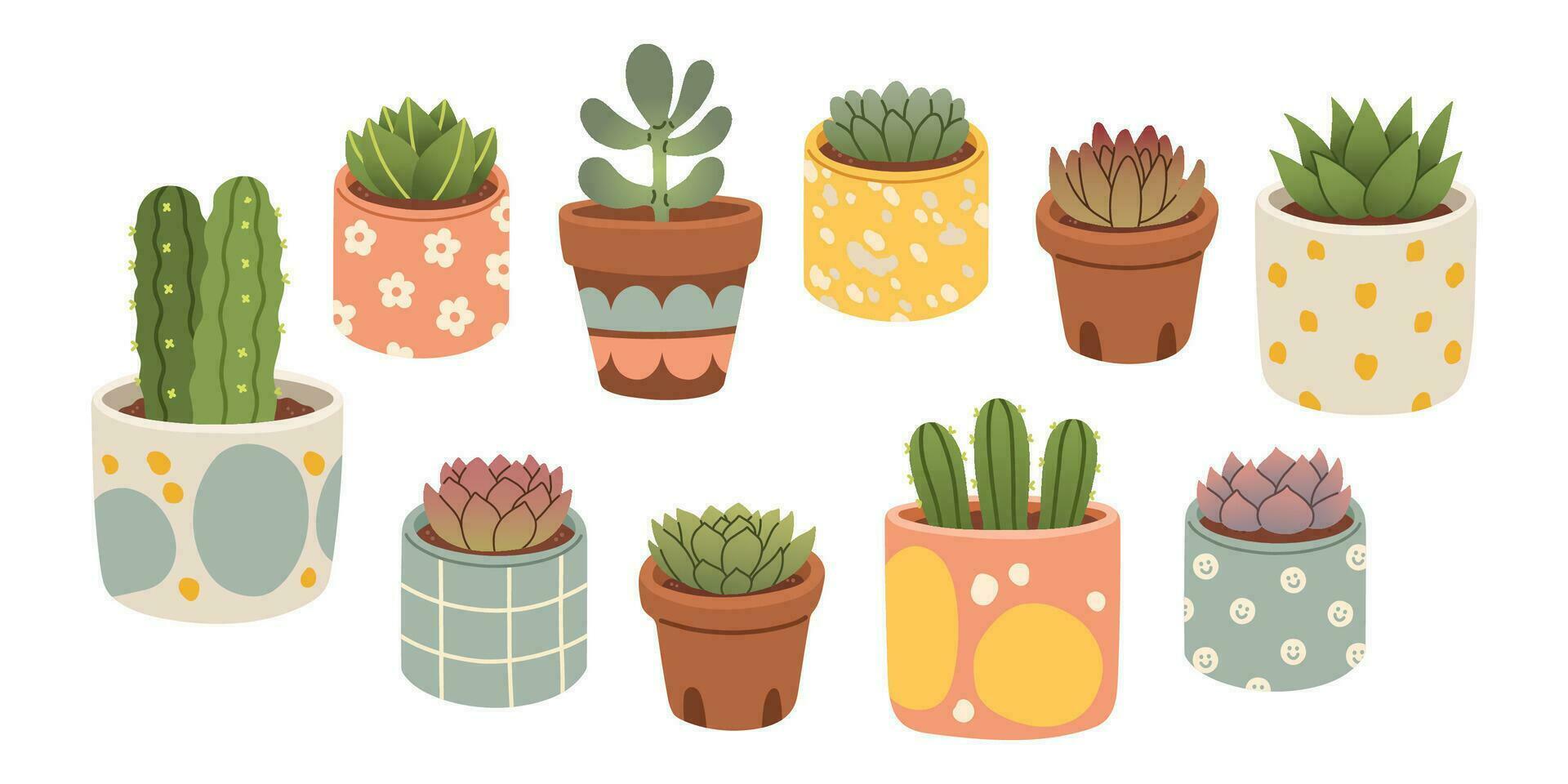 Succulent cactus set. Cactus succulent in pot, cartoon flat style. Cacti, succulents set isolated on white for stickers, greeting cards. Vector illustration