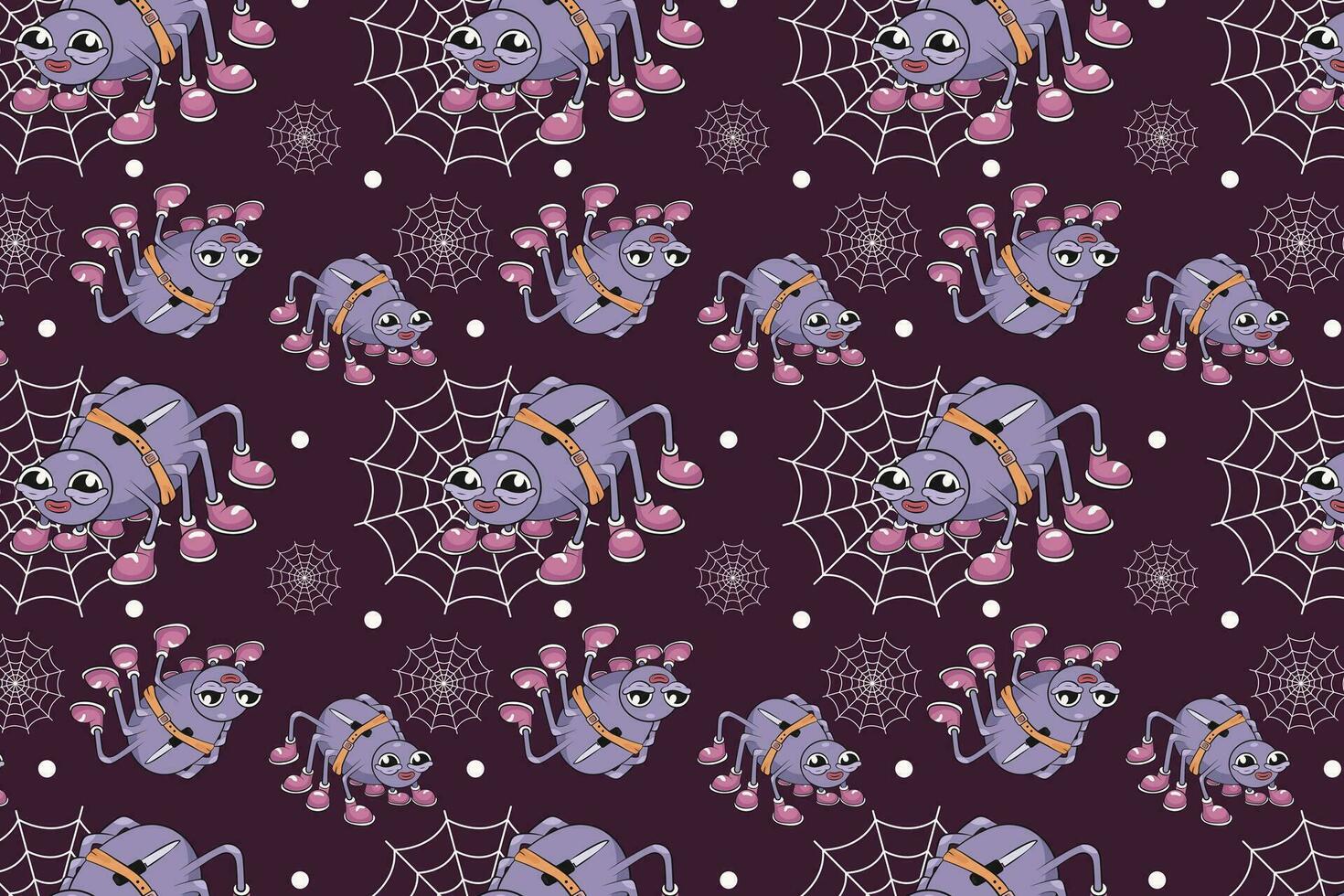Funny groovy style pattern. Halloween holiday, event. Seamless pattern with spiders, spider web, purple background. groovy style, cartoon style vector