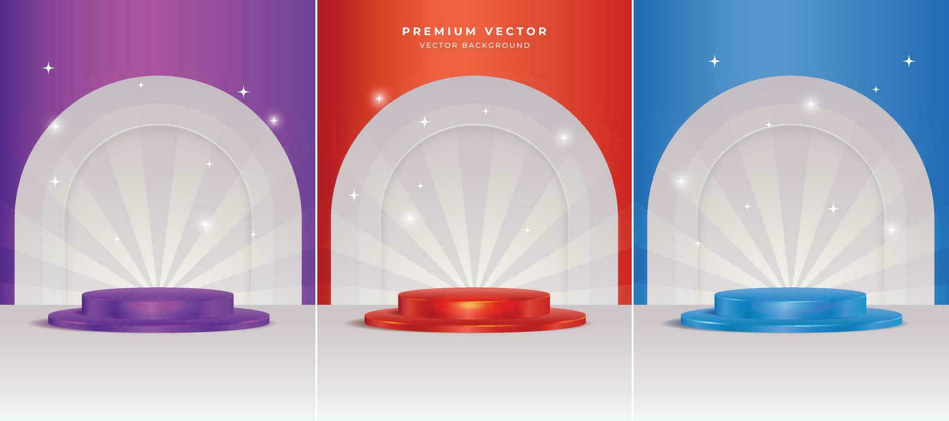 Set of podiums in color background. Abstract vector promotion stage. Clean minimalist product display presentation