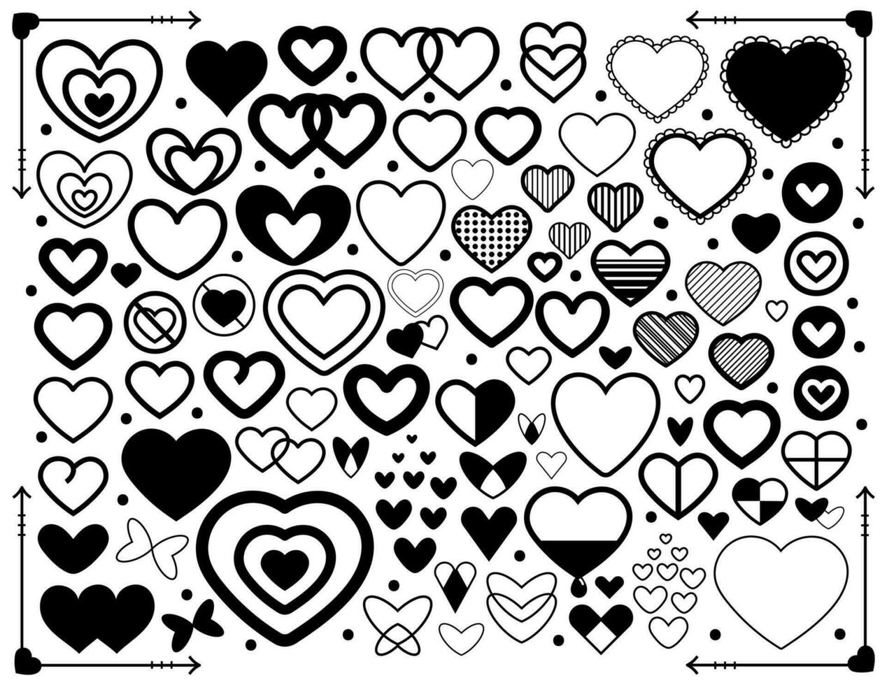Black and white set of hearts. Simple hand drawn heart icons. Vector illustration.