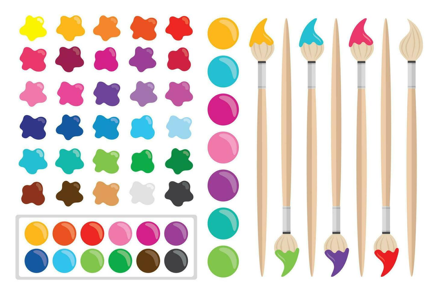 conjunto de acuarela pinturas y cepillos para cuadro. pintar cepillo paleta. pintar bandeja. pintar muestra de tela. espalda a colegio clipart. vector