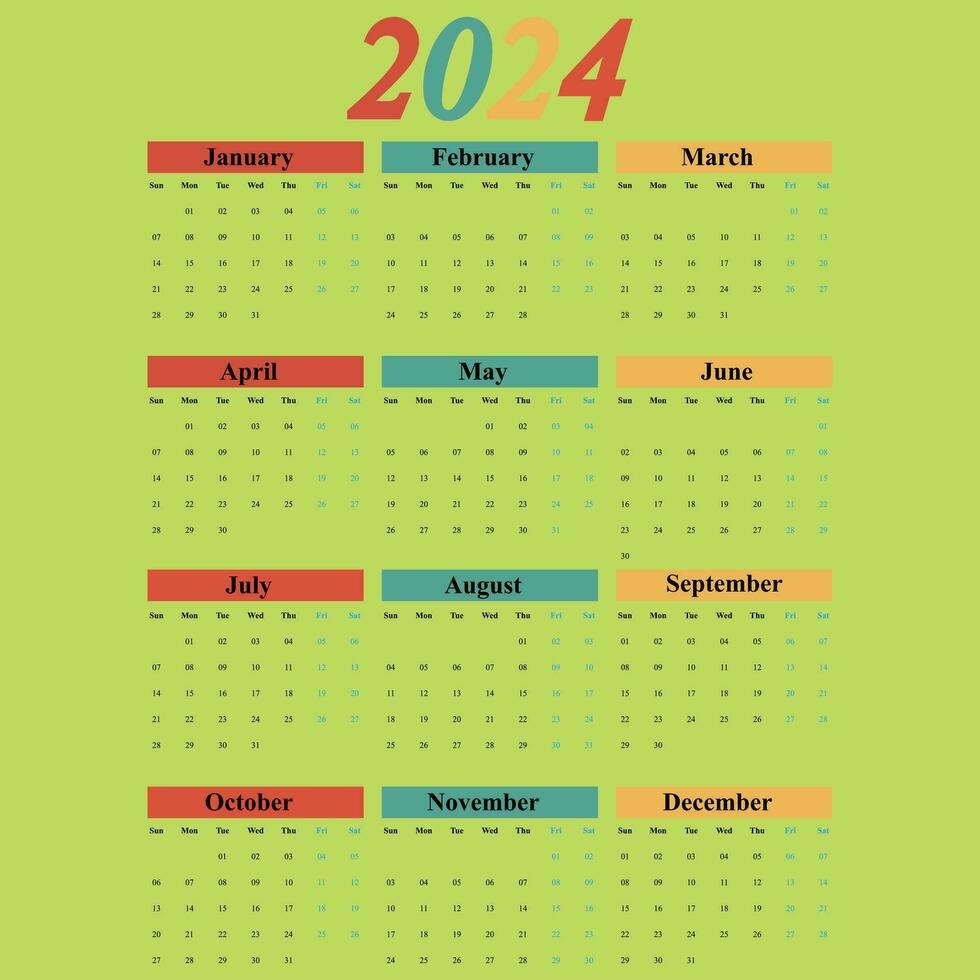 contento nuevo año, 2024 calendario, sencillo calendario modelo vector