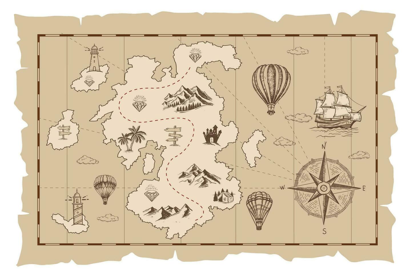 Old treasure map vector sketch. Hand drawn illustrations, vector.