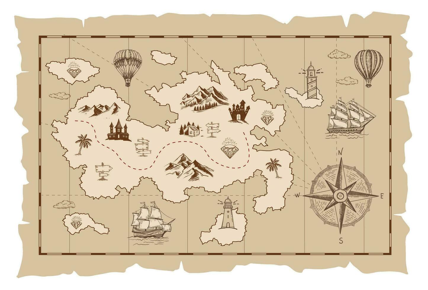 Old treasure map vector sketch. Hand drawn illustrations, vector.