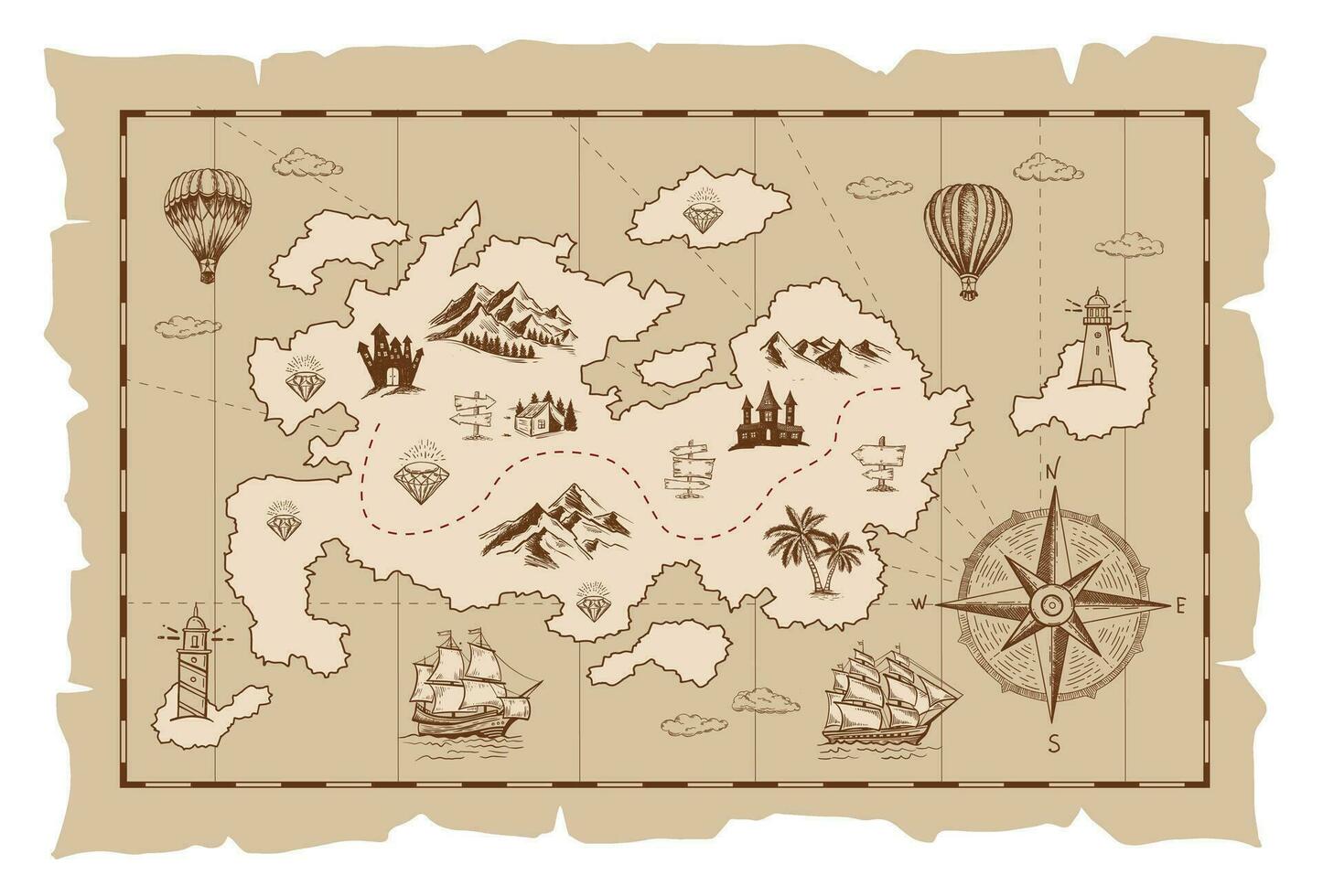 Old treasure map vector sketch. Hand drawn illustrations, vector.