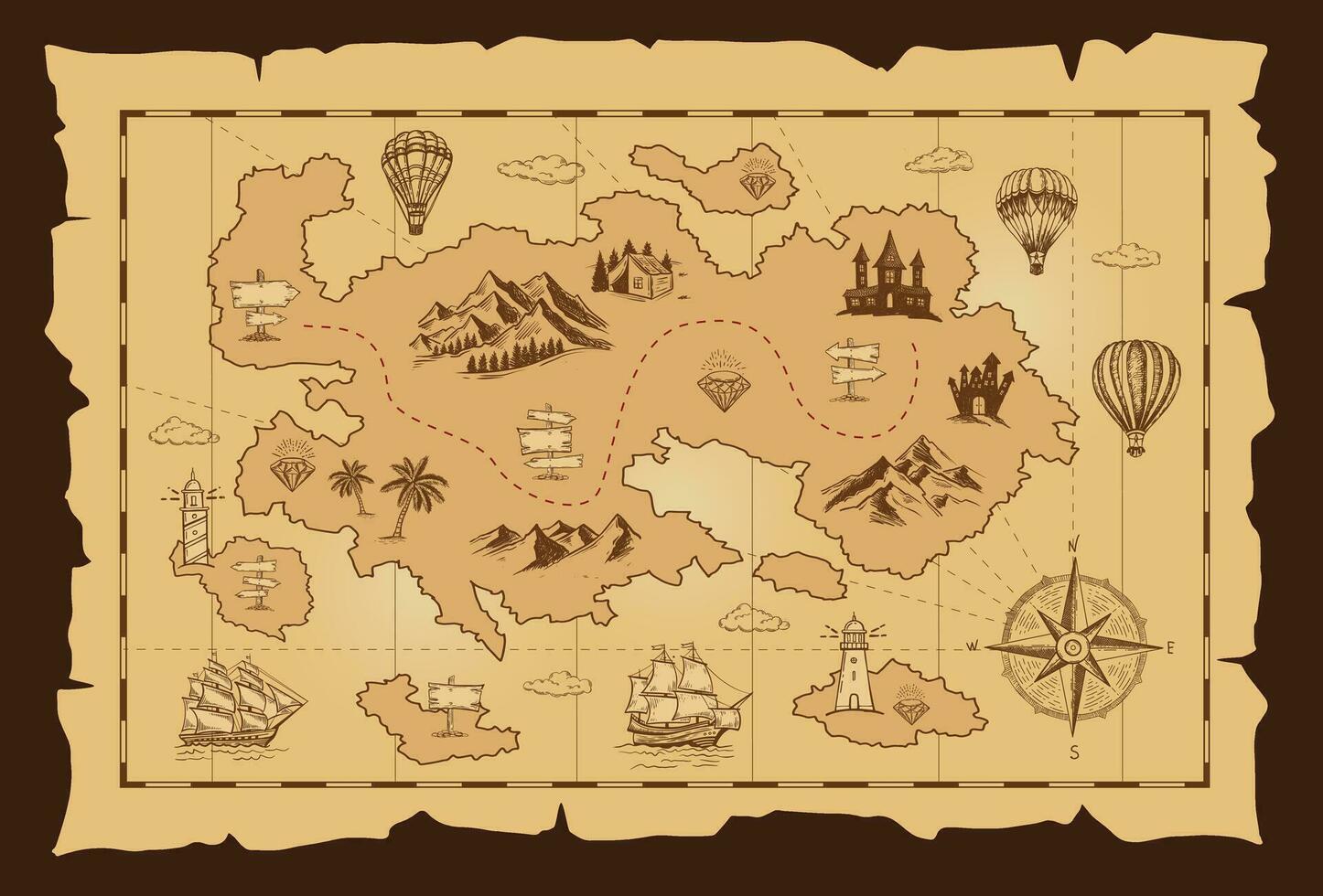 Old treasure map vector sketch. Hand drawn illustrations, vector.