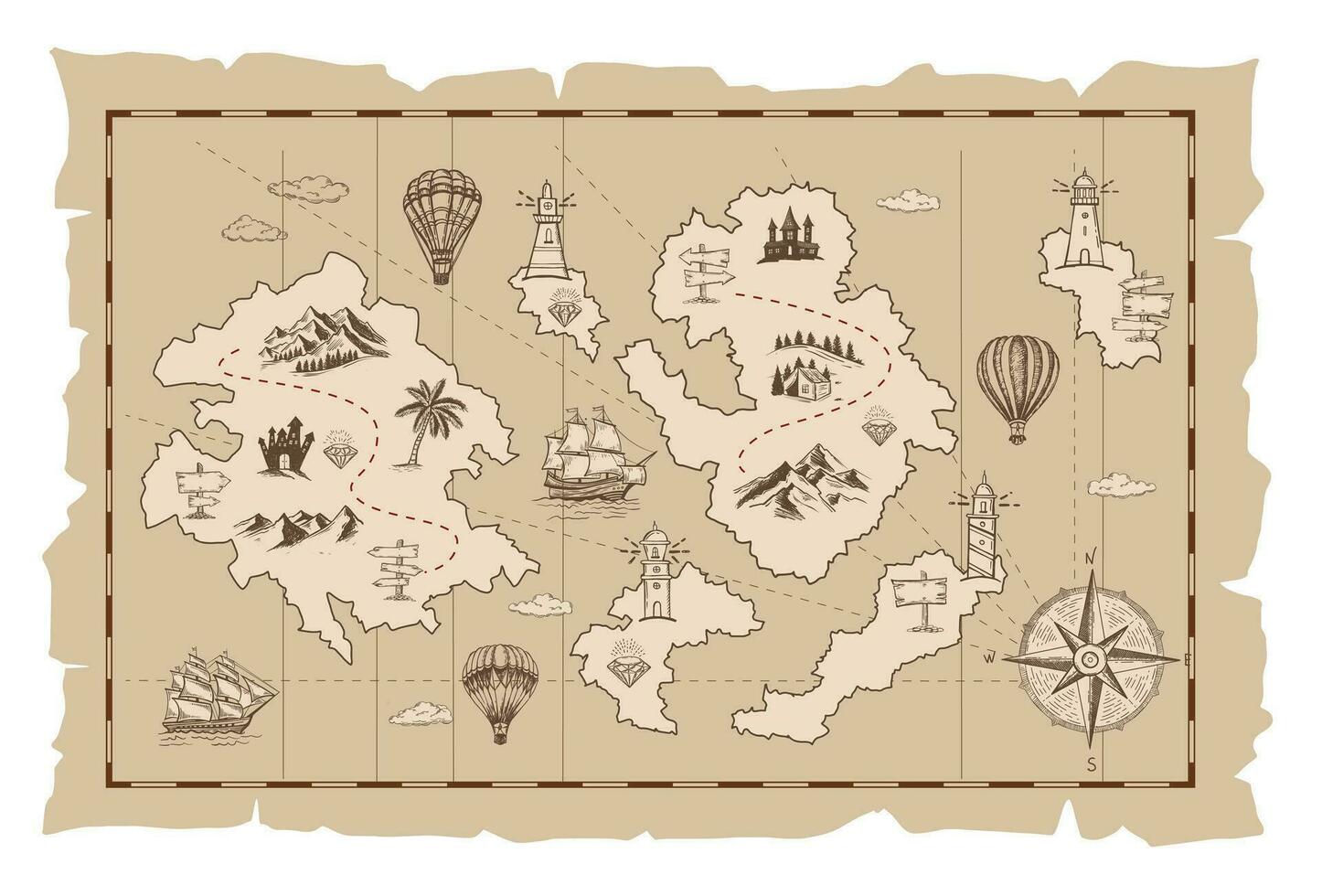 Old treasure map vector sketch. Hand drawn illustrations, vector.