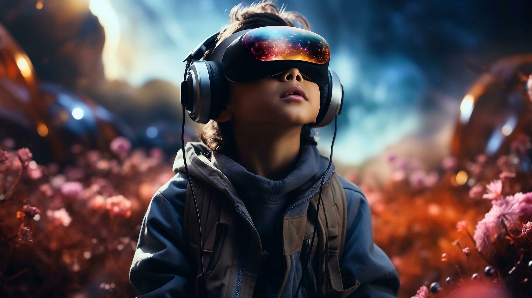 viaje dentro el virtual hombre vistiendo vr auriculares entra surrealista mundo, redefiniendo experiencia, generativo ai foto