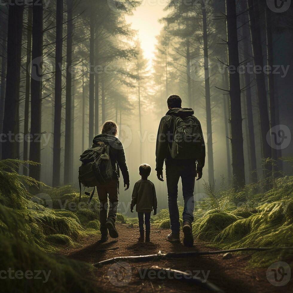 Family Adventure Man and Two Boys Hiking Through the Enchanting Forest Generative AI photo