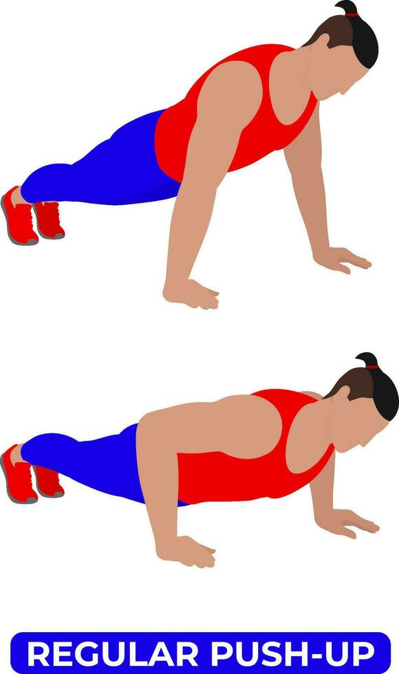 Vector Man Doing Regular Push Up Bodyweight Fitness Chest Workout Exercise. An Educational Illustration On A White Background.