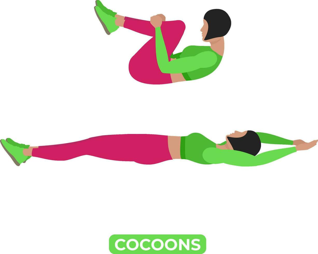 Vector Woman Doing Cocoons Bodyweight Fitness Abs and Core Workout Exercise. An Educational Illustration On A White Background.