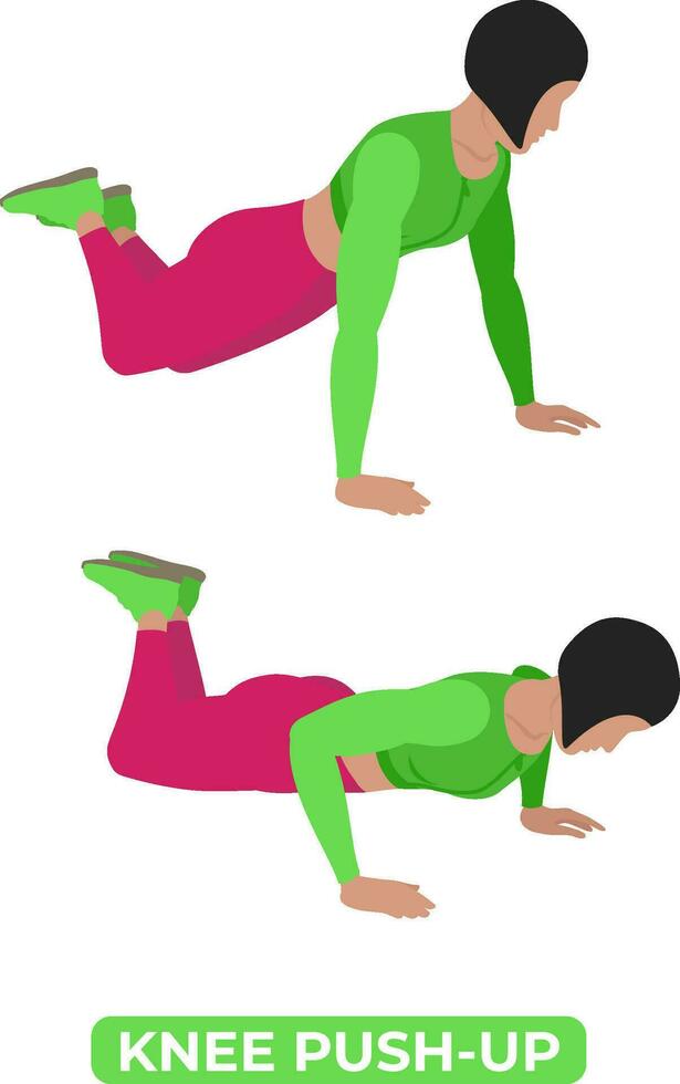Vector Woman Doing Knee Push Up Bodyweight Fitness Chest Workout Exercise. An Educational Illustration On A White Background.