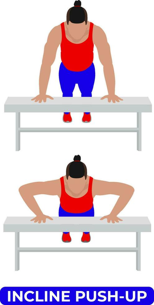 Vector Man Doing Incline Push Up Bodyweight Fitness Chest Workout Exercise. An Educational Illustration On A White Background.