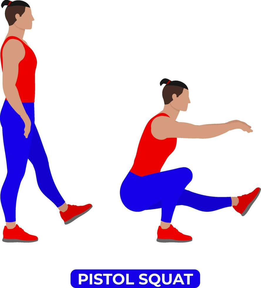 Vector Man Doing Pistol Squat Bodyweight Fitness Legs Workout Exercise. An Educational Illustration On A White Background.