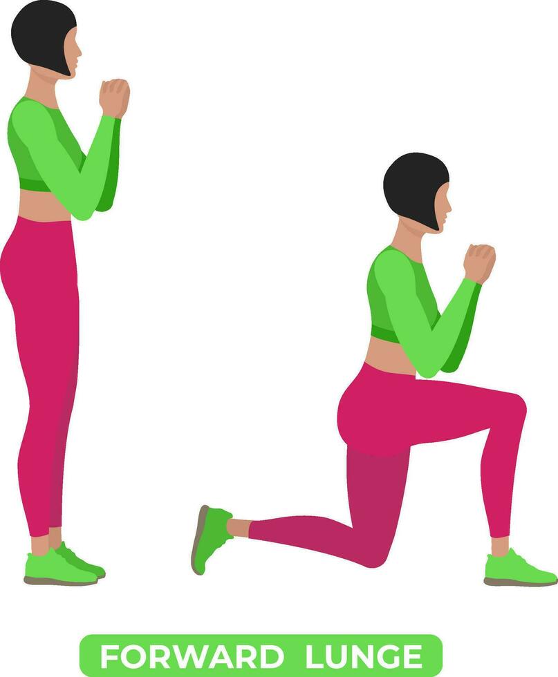 Vector Woman Doing Forward Lunge Bodyweight Fitness Legs Workout Exercise. An Educational Illustration On A White Background.