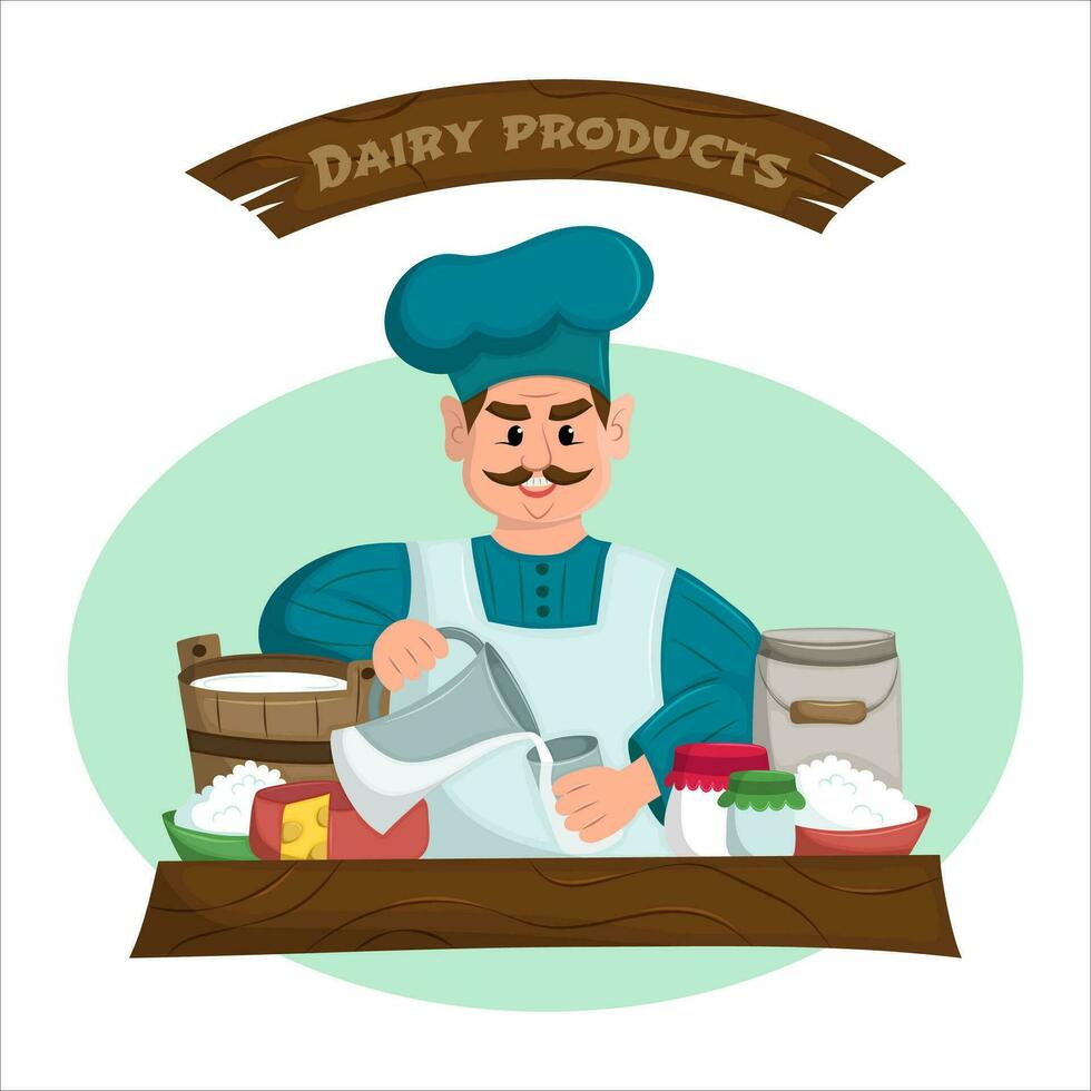 Dairy vendor in small rural market. Concept of street vending of homemade natural products. Flat vector illustration.