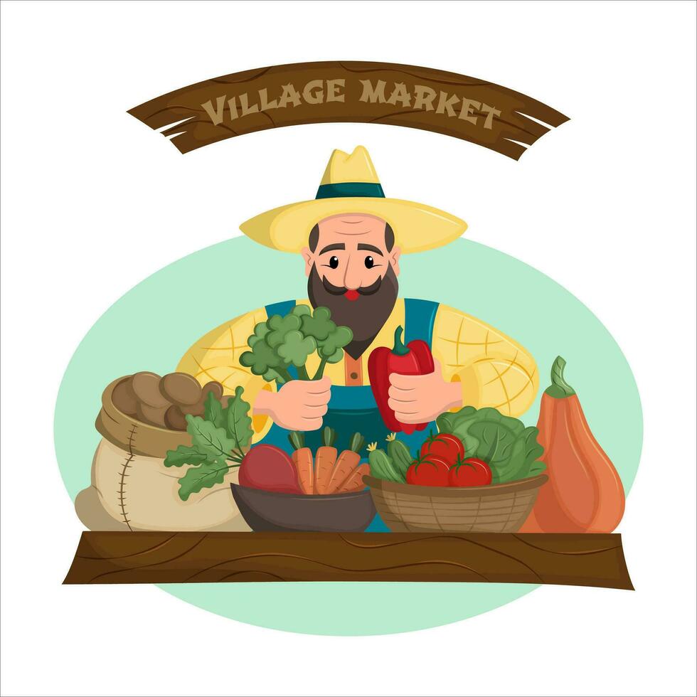Cute farmer selling his produce at rural local market. Concept of street vending and small markets. Logo of vegetable seller. Flat vector illustration.