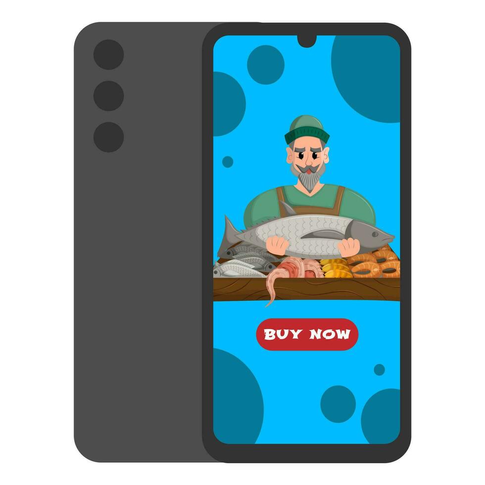 Online shopping through mobile app. Concept of selling fresh seafood and fish. Digital marketing. Horizontal positioning. Flat vector illustration.