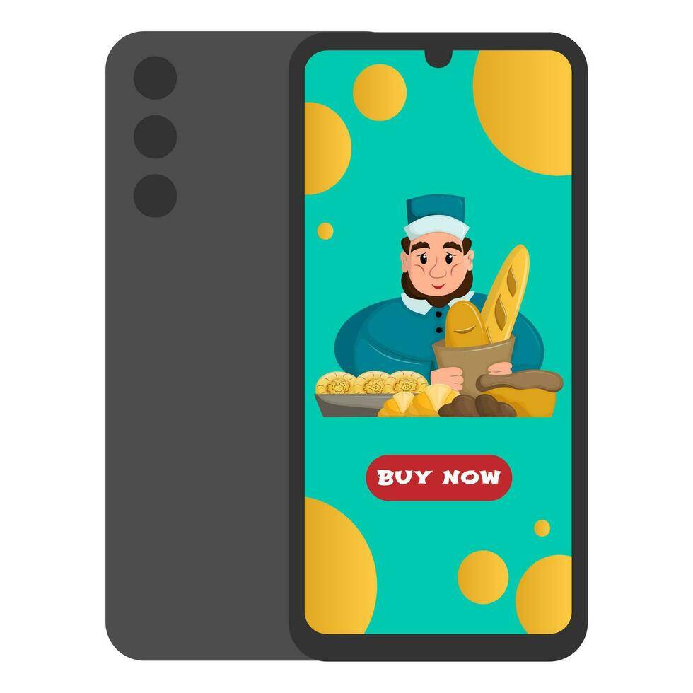 Online shopping through mobile app. Concept of selling fresh bakery products and pastries. Digital marketing. Horizontal positioning. Flat vector illustration.