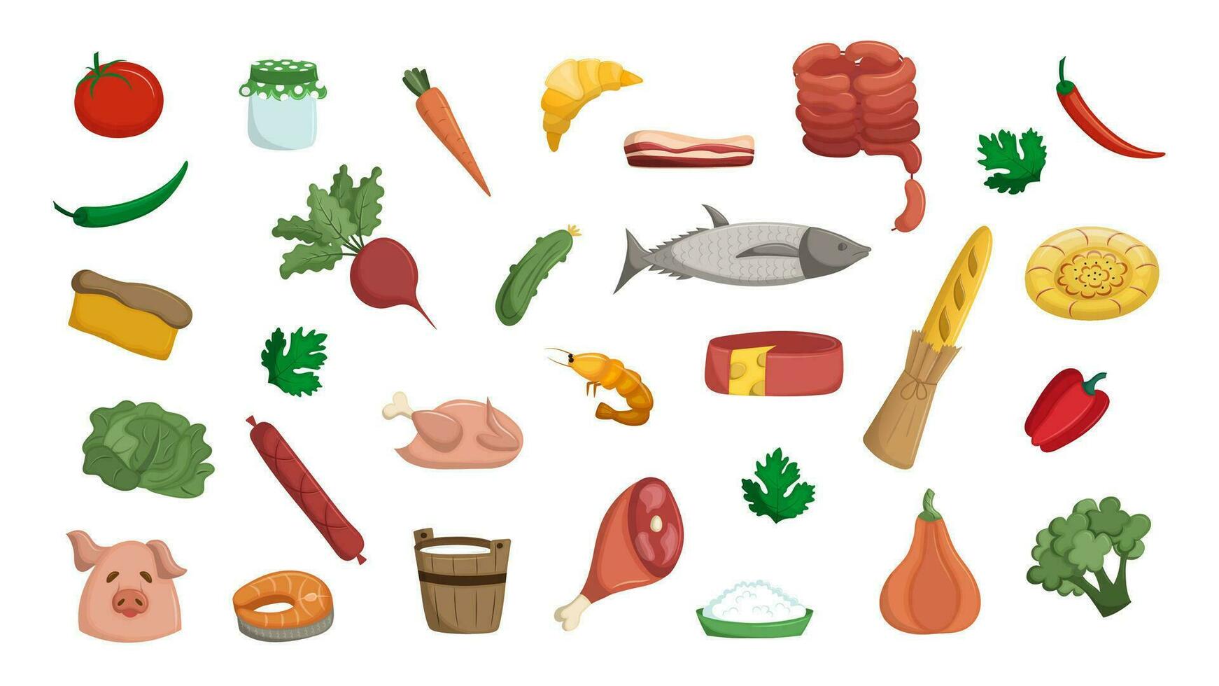 Set of products for proper natural nutrition. Dairy, meat and bakery products. Vegetables and fish. Flat vector illustration isolated on white background.