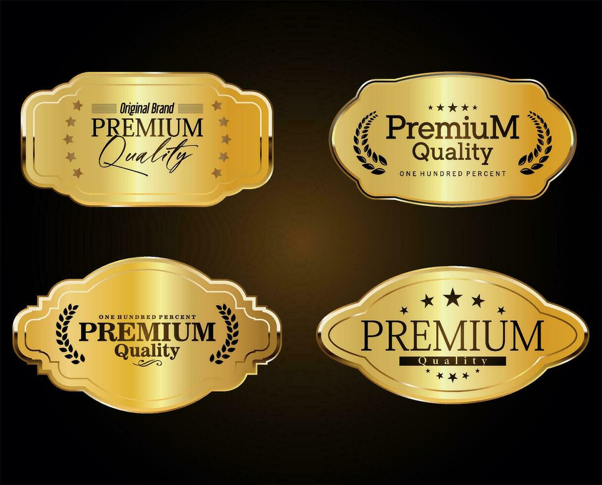 Collection of Golden premium quality labels isolated on dark background vector
