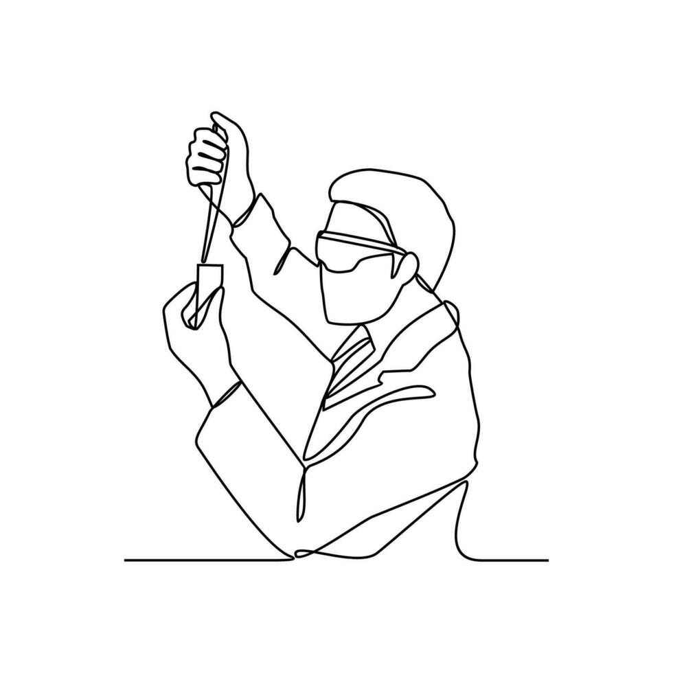 One continuous line drawing of scientist do research in the laboratory with white background. Chemical and laboratory design in simple linear style. Science design concept vector illustration.