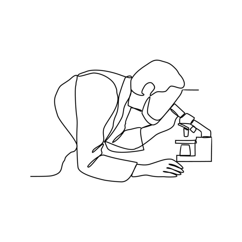 One continuous line drawing of scientist do research in the laboratory with white background. Chemical and laboratory design in simple linear style. Science design concept vector illustration.