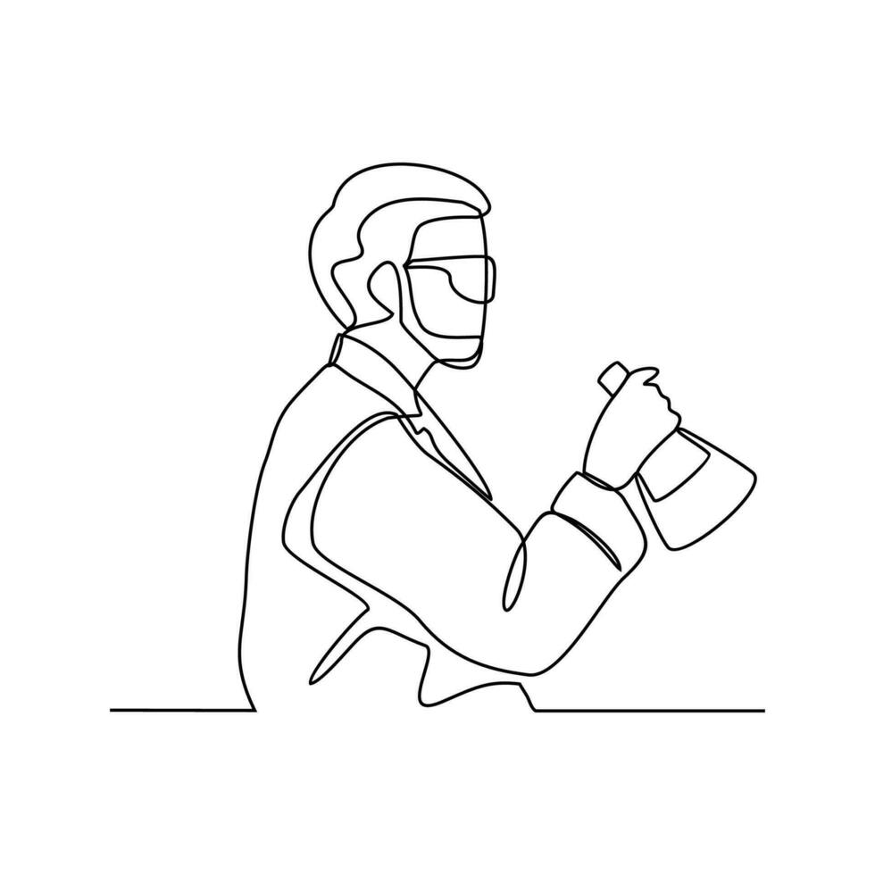 One continuous line drawing of scientist do research in the laboratory with white background. Chemical and laboratory design in simple linear style. Science design concept vector illustration.
