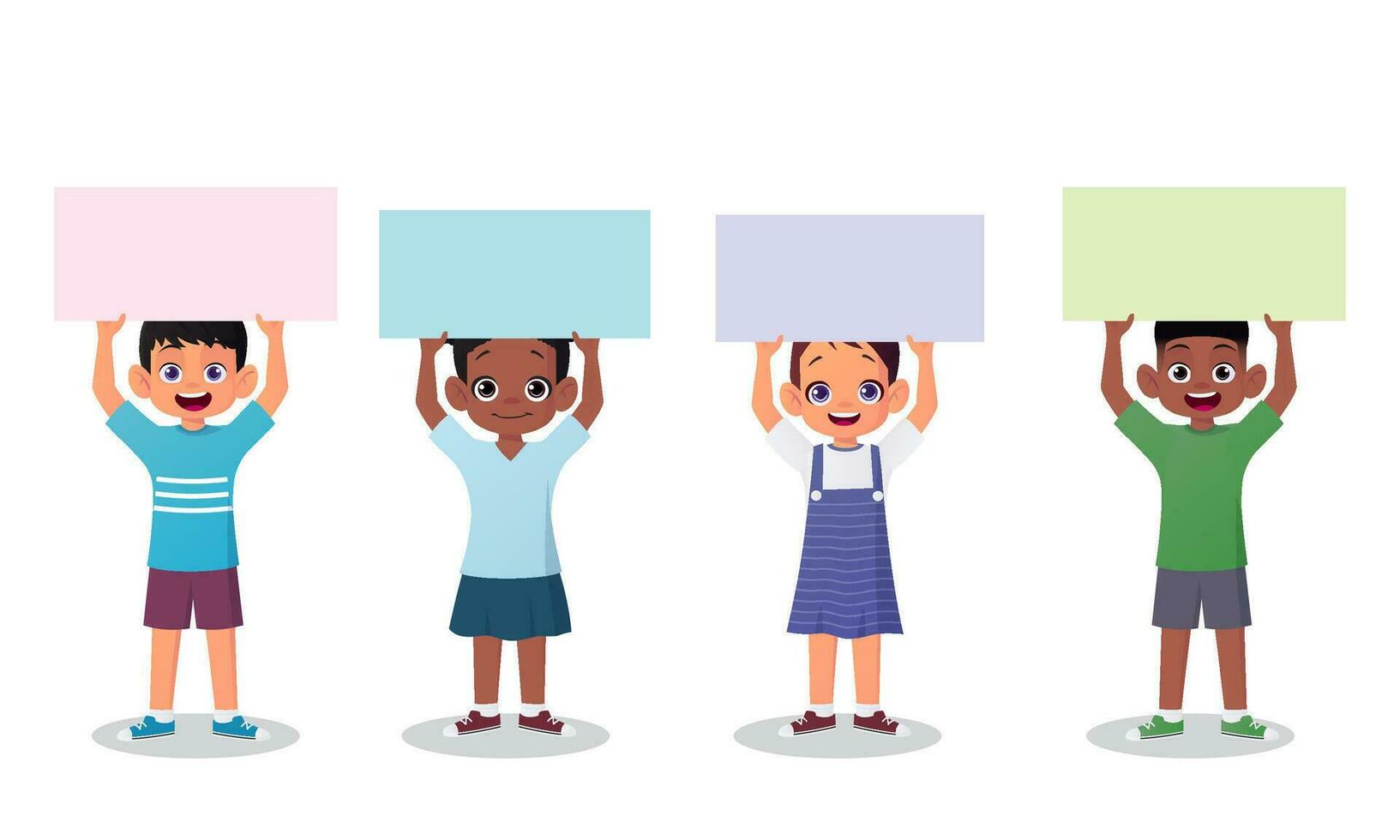 dibujos animados niños participación arriba blanco firmar papel o póster encima su cabeza. vacío sitio tarjeta para texto ilustración vector
