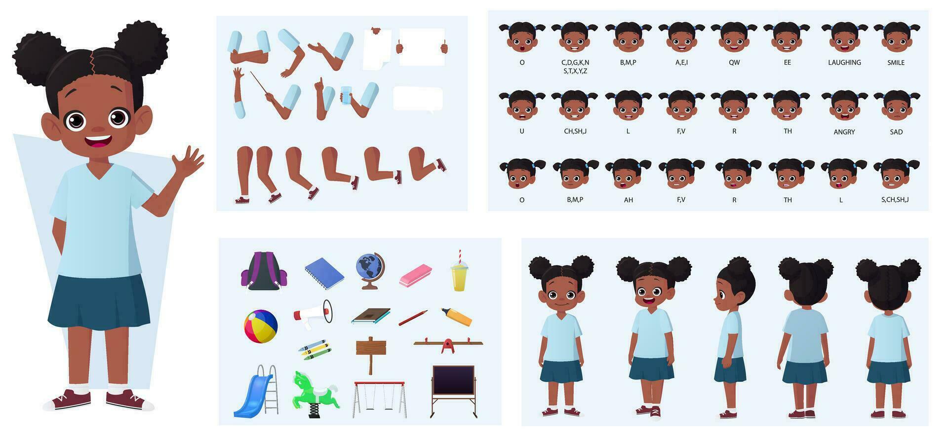 African American Girl Character Constructor Pack with Gestures, Facial Expressions, and Different Poses Vector Illustration