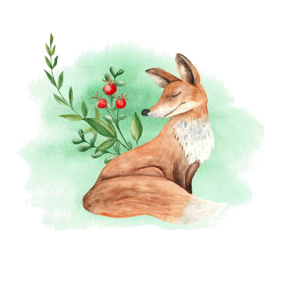 Card template with mother fox, green branches and red berries on watercolor background. Hand drawn kid forest illustration. For invitations, greeting, birthday cards, baby shower, posters. vector