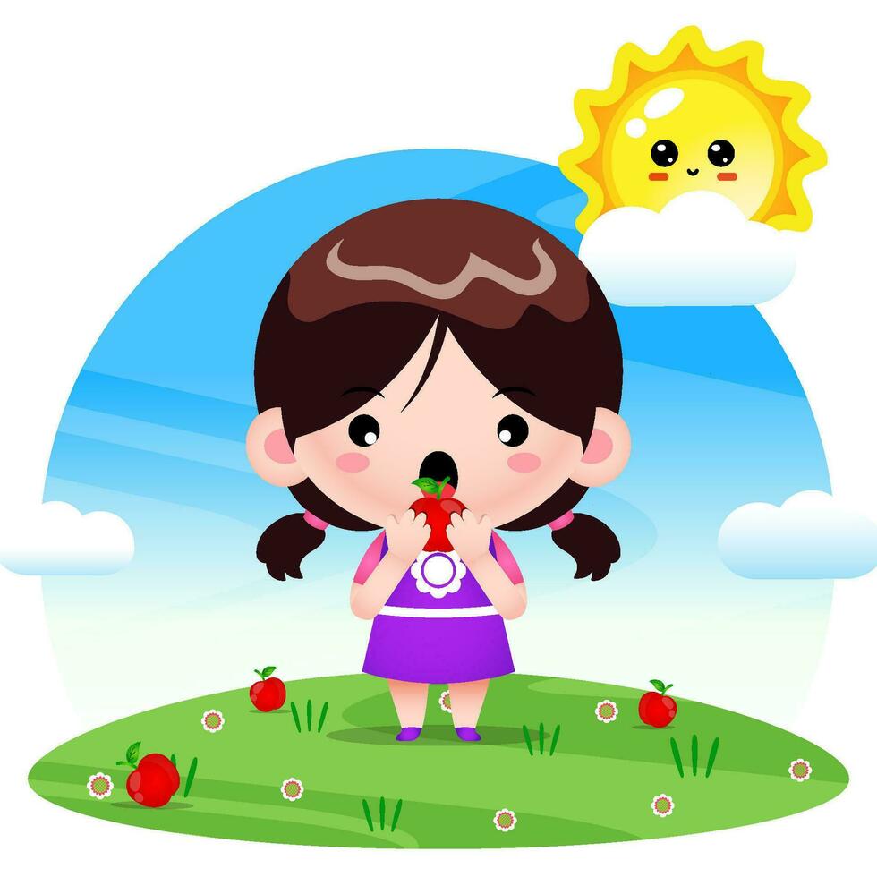 Cute Little Girl Eating Apple vector