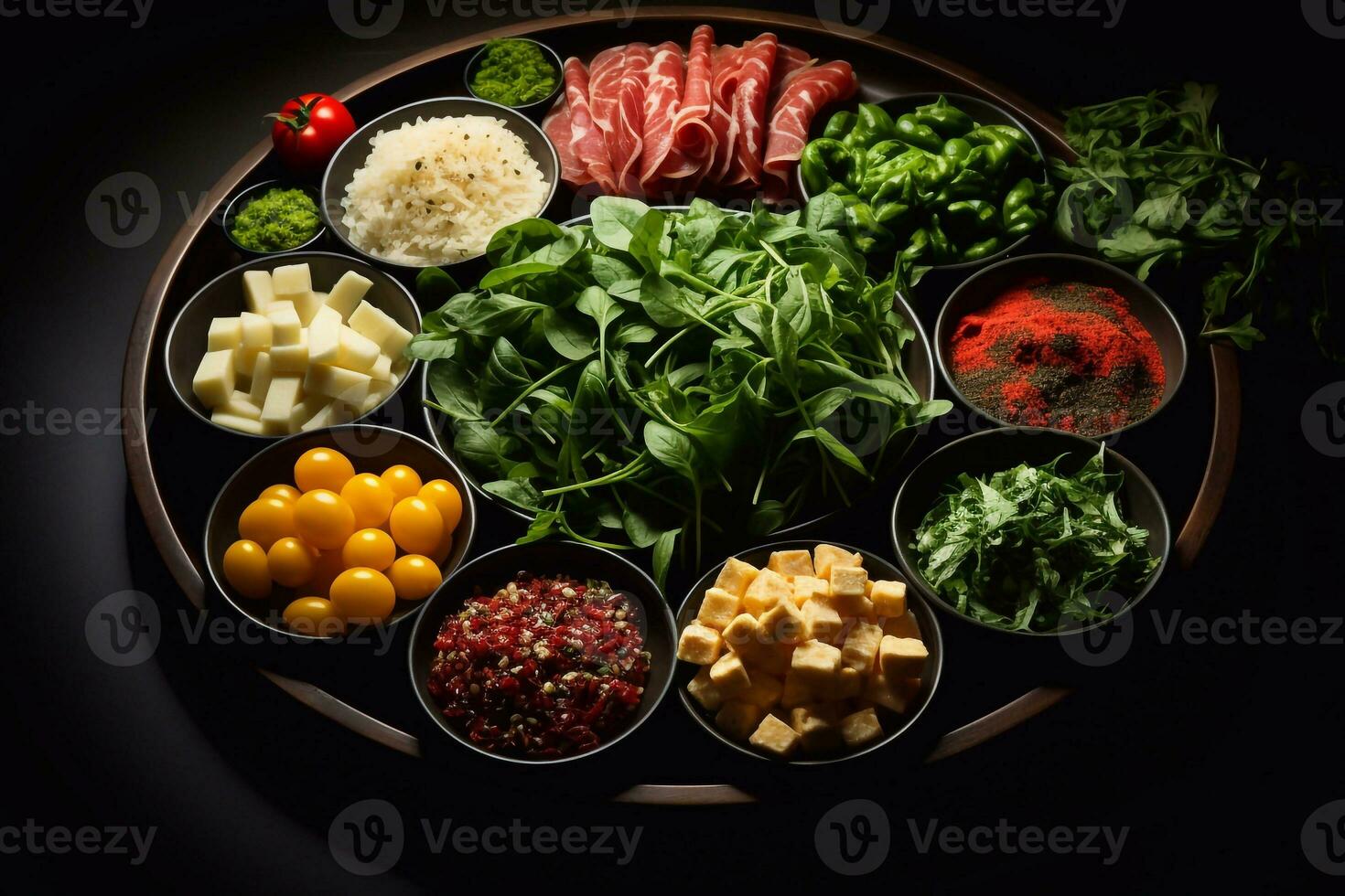 Flavorful Meal Ensemble Beef Chicken Onion Tomato Oil Green Leaf on Table Generative AI photo