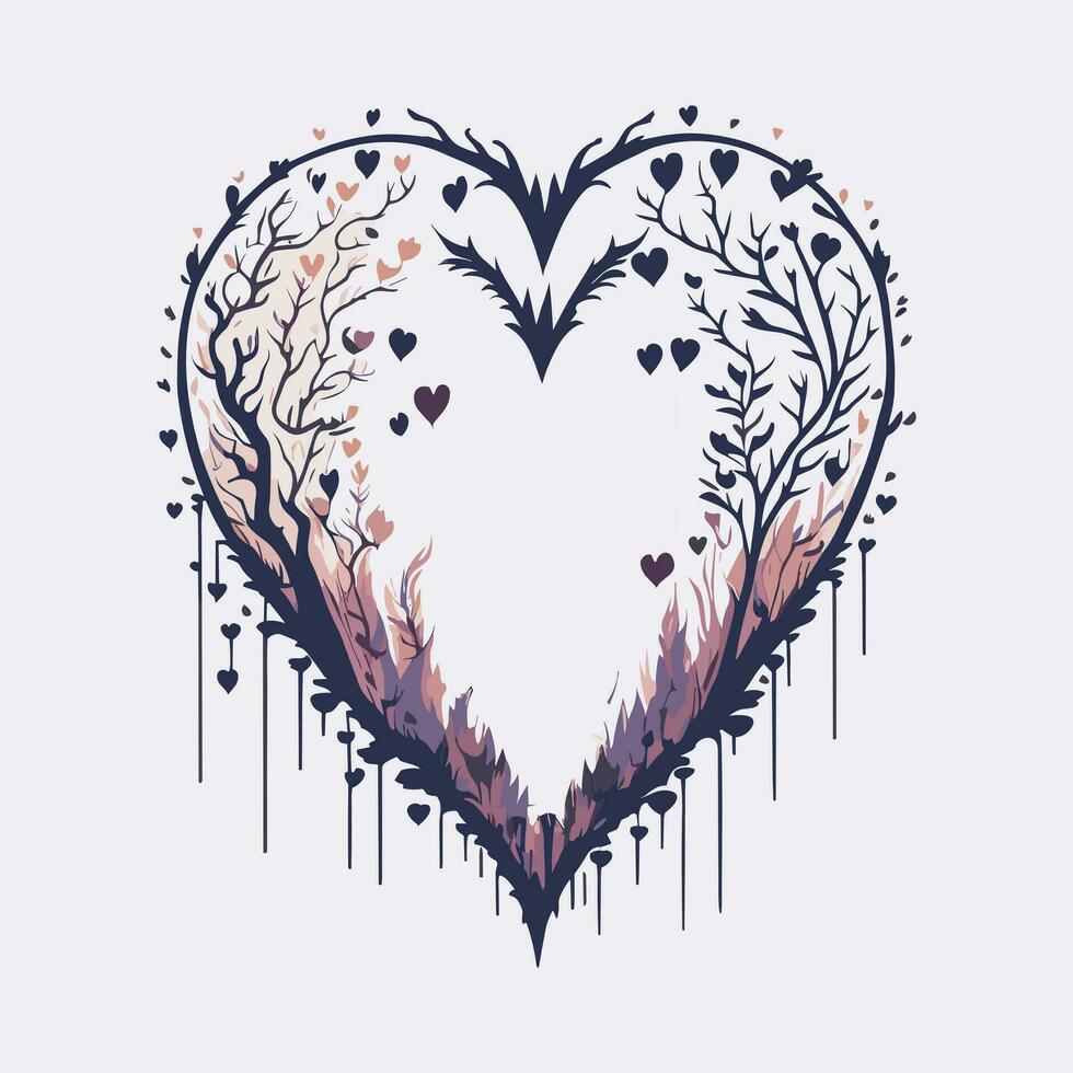 grunge corazón con ramas y hojas vector ilustración