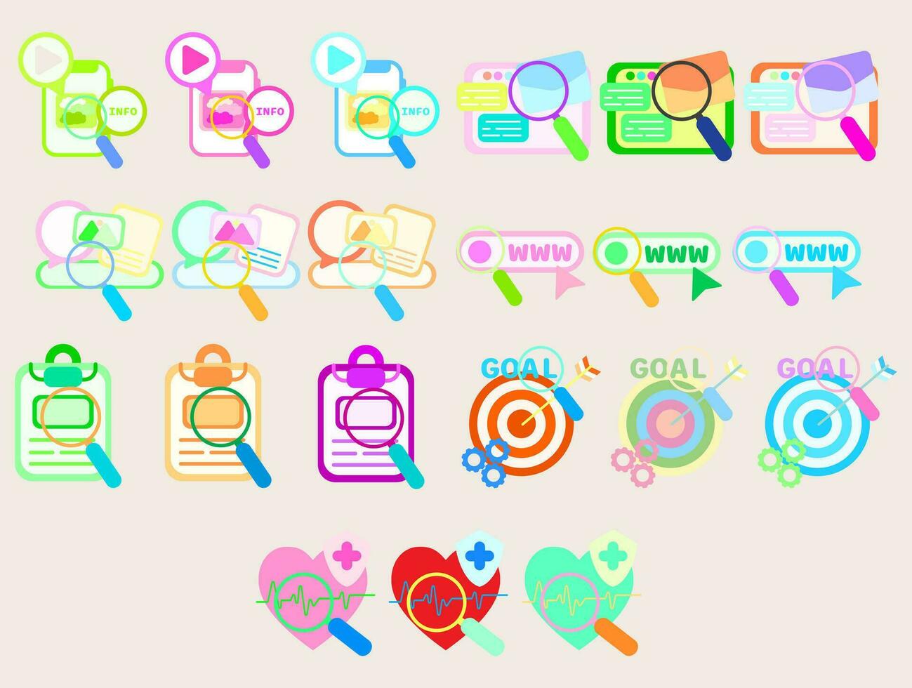 Collection Magnifying glass icon with information search . set of searching for work file information. vector