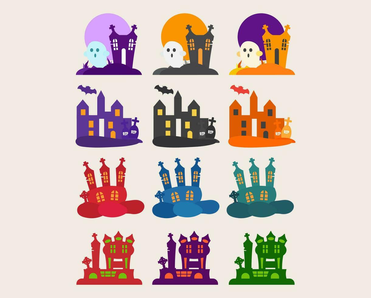 Collection Halloween castle with graves and bats.Set of Halloween castle. vector