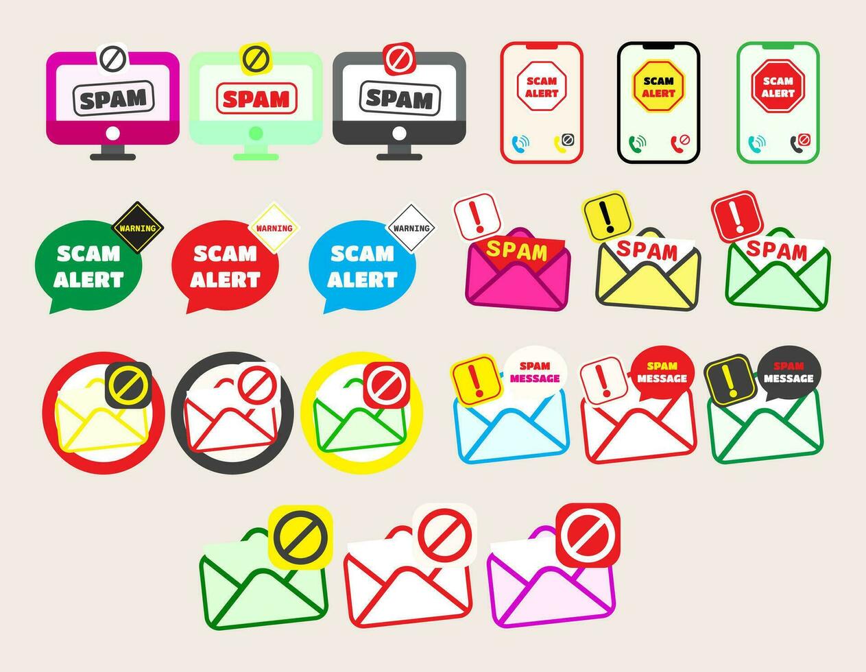 Collection icon alerts against viruses, spam, in various forms. set of Spam pop-up warning. vector