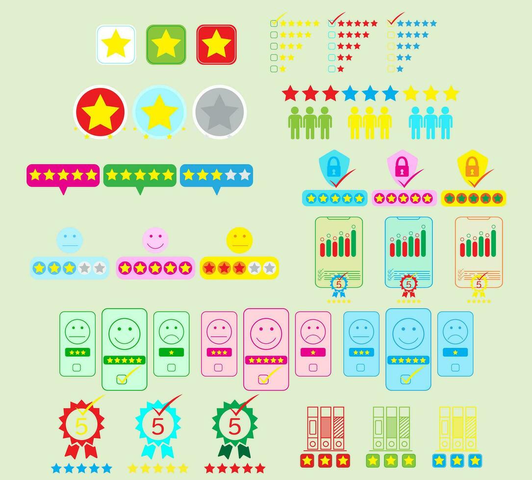 Collection of review stars for the best service rating for satisfaction in information.Big bundle review stars rating. vector